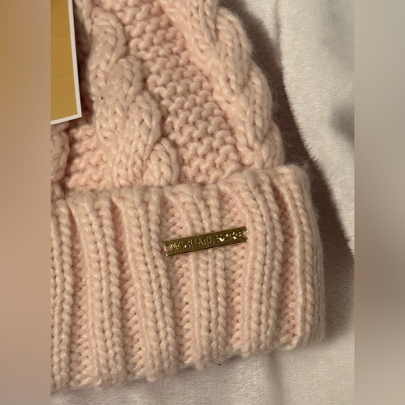 Michael Kors Fleece Lined Braided Knit Cuff Beanie Faux Fur Pom - Light Pink - Picture 4 of 8